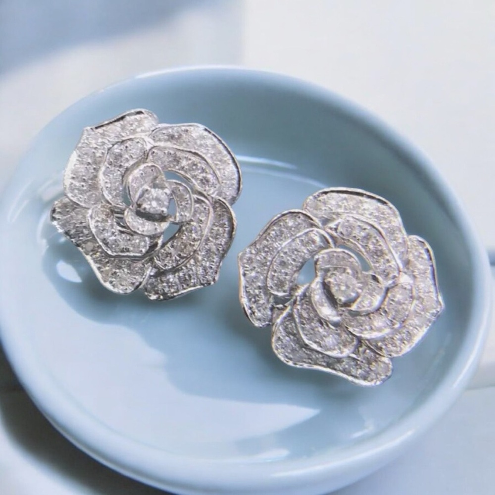 Silver Floral Pavé Rose Earrings